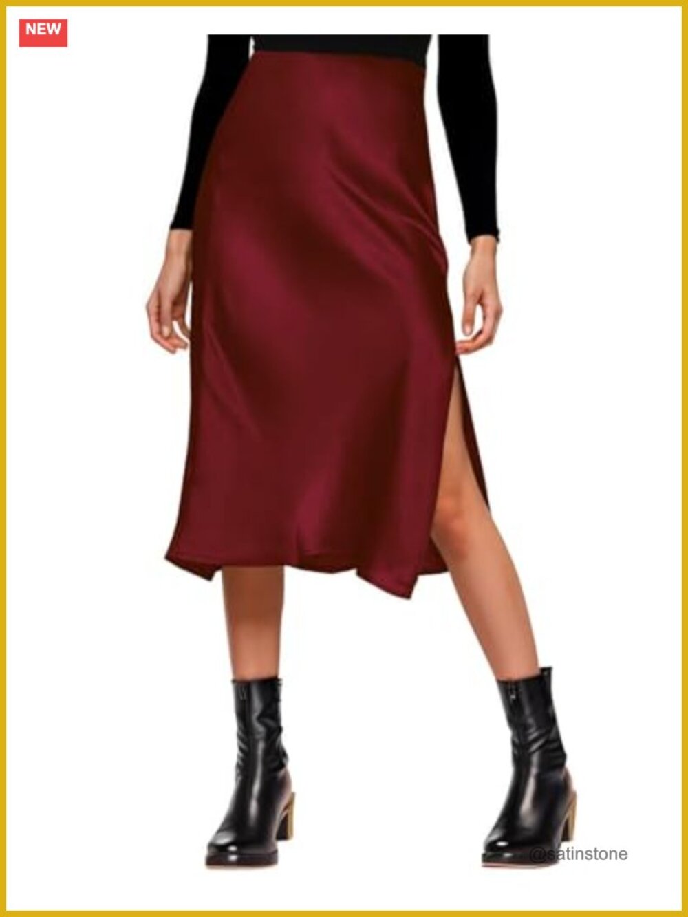 Satin High Waist Slit Midi Skirt for Women Side Split A-Line Pull-On